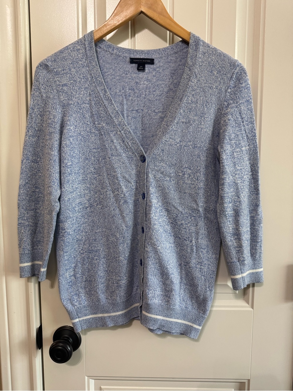 Tommy Hilfiger Blue Marled Striped Trim V-Neck Cardigan Sweater S